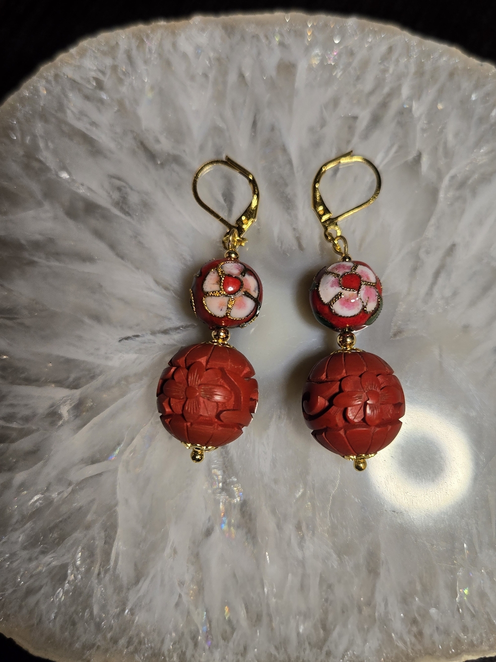 Red Cinnabar And Cloisonne Earrings